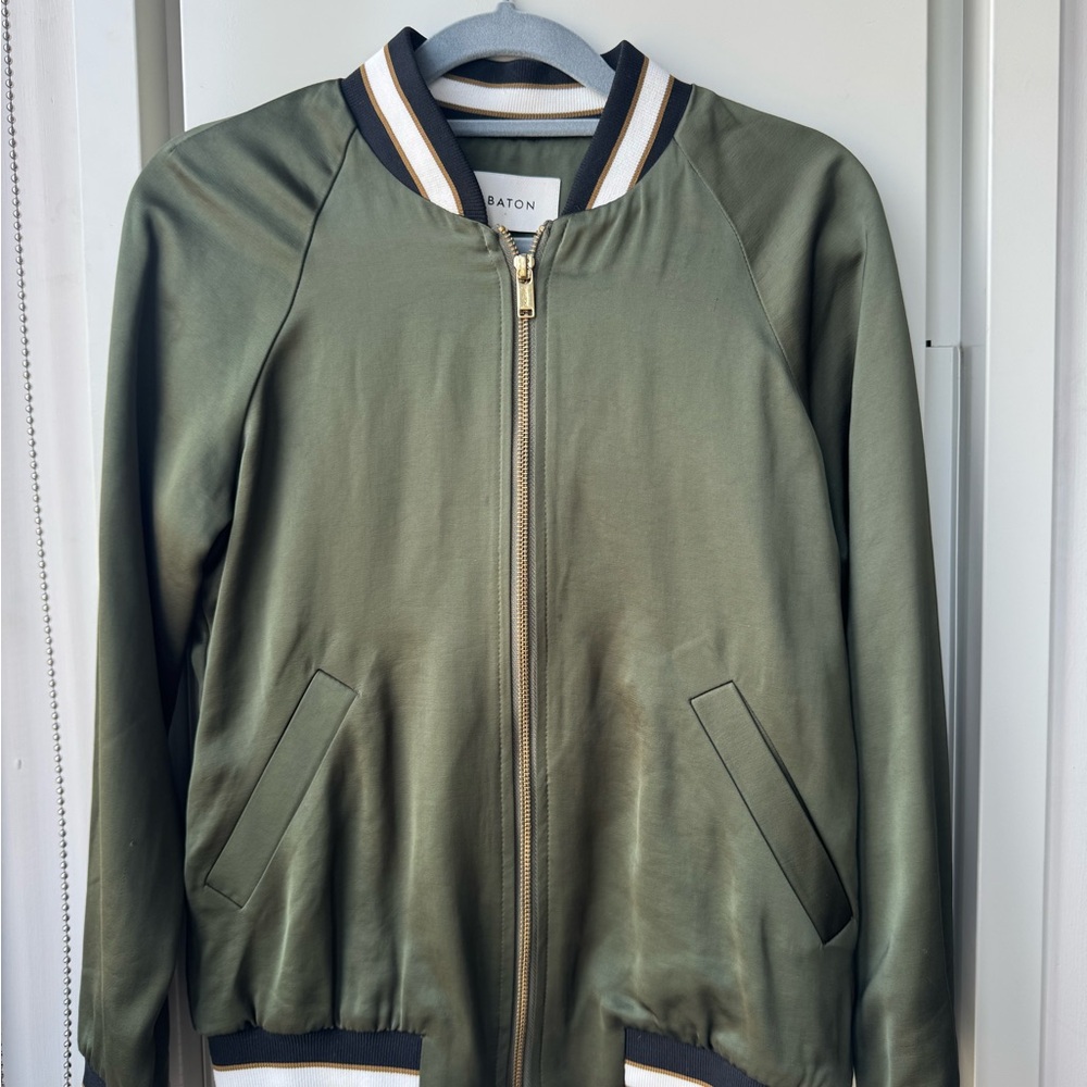 Babaton Olive Green Bomber Jacket with Striped Rib Trim